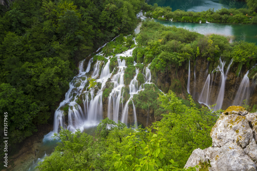 Waterfalls in National Park Plitvice Lakes,sunrise over waterfal