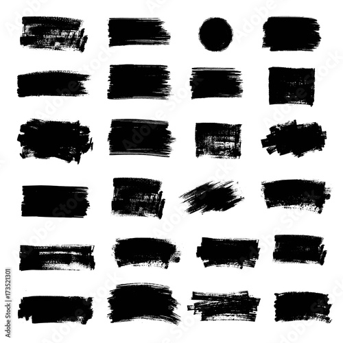 Set of black paint, ink brush strokes, brushes, lines, circle.