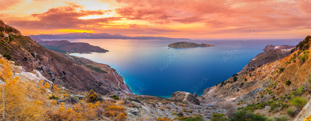 Panoramic high point view of the picturesque gulf of Mirambello, Crete, Greece