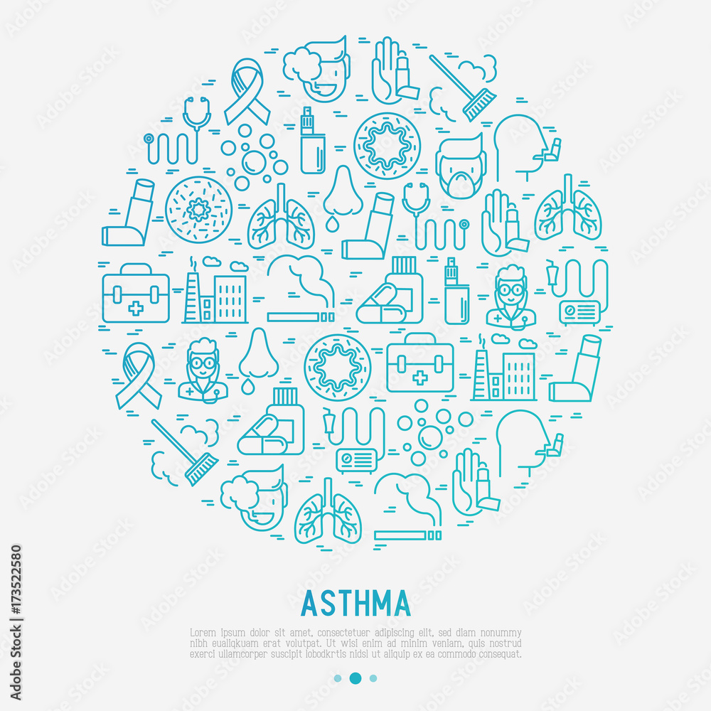 World asthma day concept in circle with thin line icons: air pollution, smoking, respirator, therapist, inhaler, bronchi, allergy symptoms and allergens. Vector illustration for banner, web page.