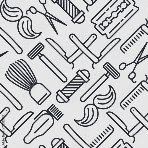 Monochrome barber shop seamless pattern with thin line icons of shaving accessories. Vector illustration for web page, banner, print media.