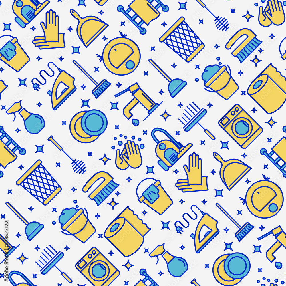 Cleaning service seamless pattern with thin line icons: iron, washer, robot vacuum cleaner, brushes and other accessories for household. Vector illustration for banner, web page, print media.