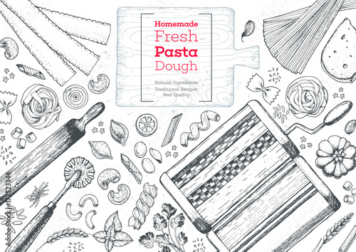 Italian pasta top view frame. Hand drawn vector illustration. Collection of pasta different types. Italian food design template. Engraved sketch style.