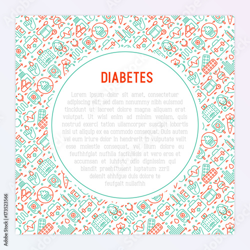 Diabetes concept with thin line icons of symptoms and prevention care. Vector illustration for background of medical survey or report, for banner, web page, print media.