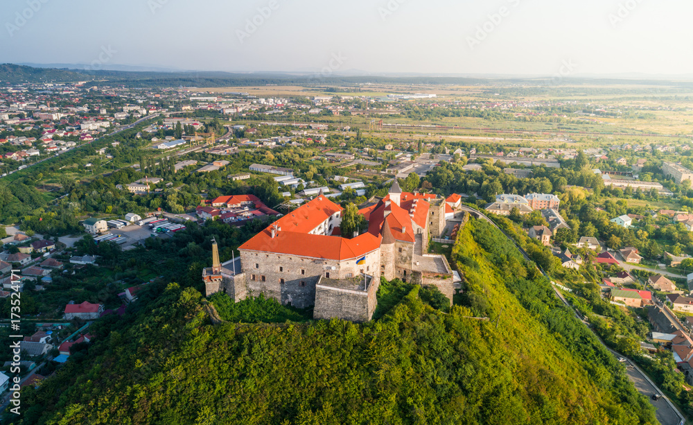 Aerial view of Palanok Castle, located on a hill in Mukacheve, Ukraine