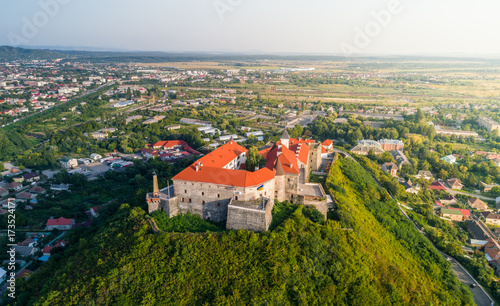 Aerial view of Palanok Castle, located on a hill in Mukacheve, Ukraine