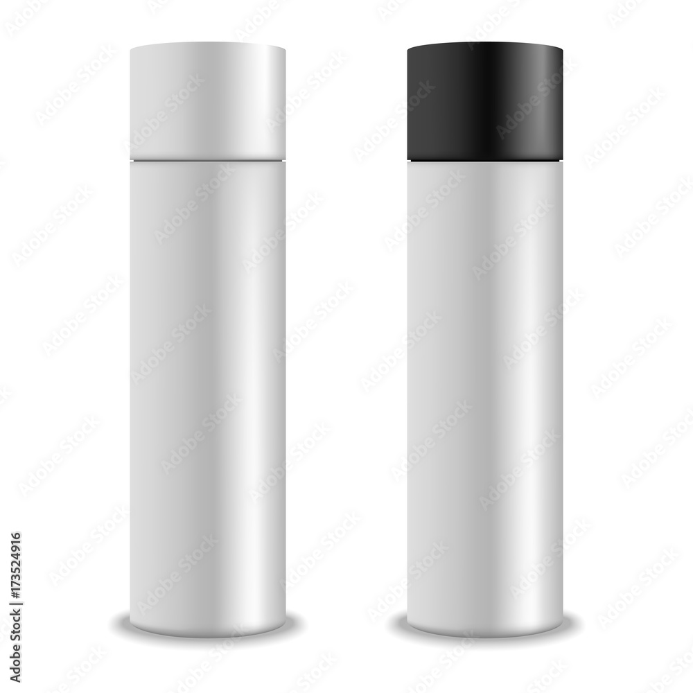 White blank bottles with white and black caps. Mock up, cosmetic package White blank bottles with white and black caps. Mock up, cosmetic package