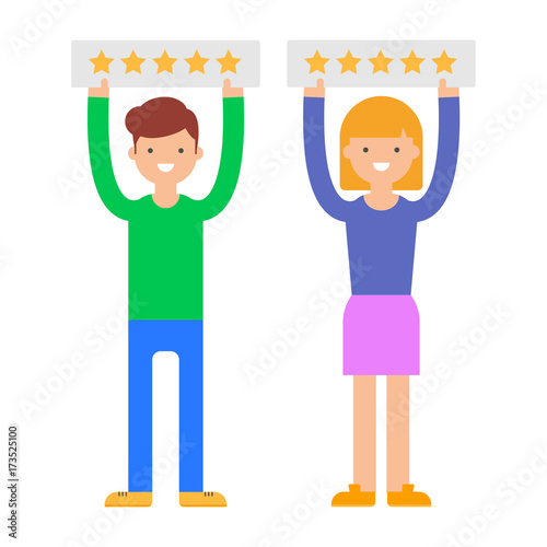 Vector illustration of man and woman giving five star rating, user reviews