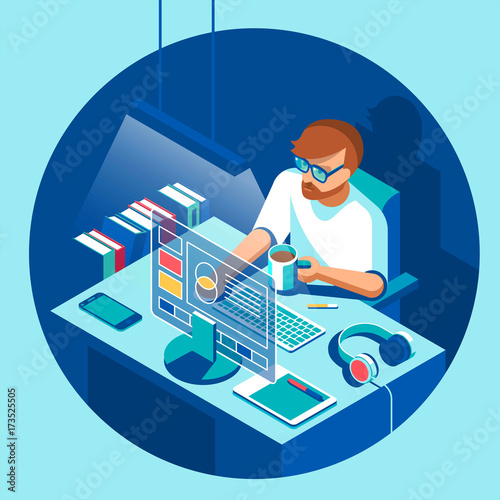 Designer sitting and working. Character, camera, computer, table and devices. Vector isometric illustration