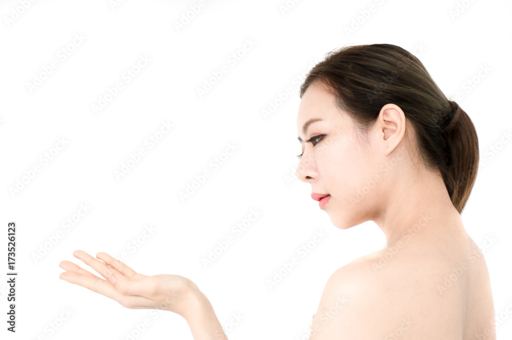 Asian beauty woman present skin product on white background Asian beauty woman present skin product on white background