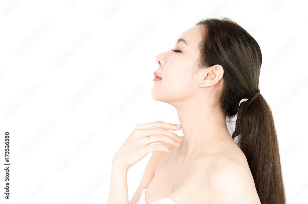 Beauty Asian woman touch body to present product for skin on white background Beauty Asian woman touch body to present product for skin on white background