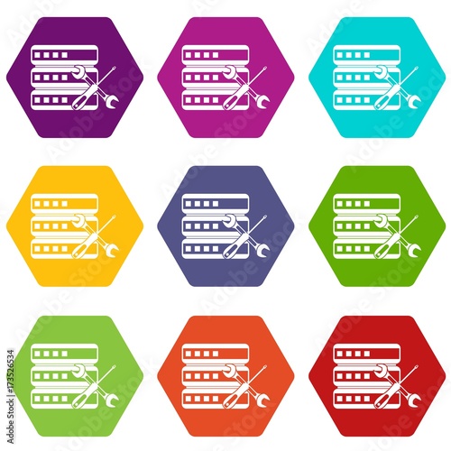 Database with screwdriver and spanner icon set color hexahedron