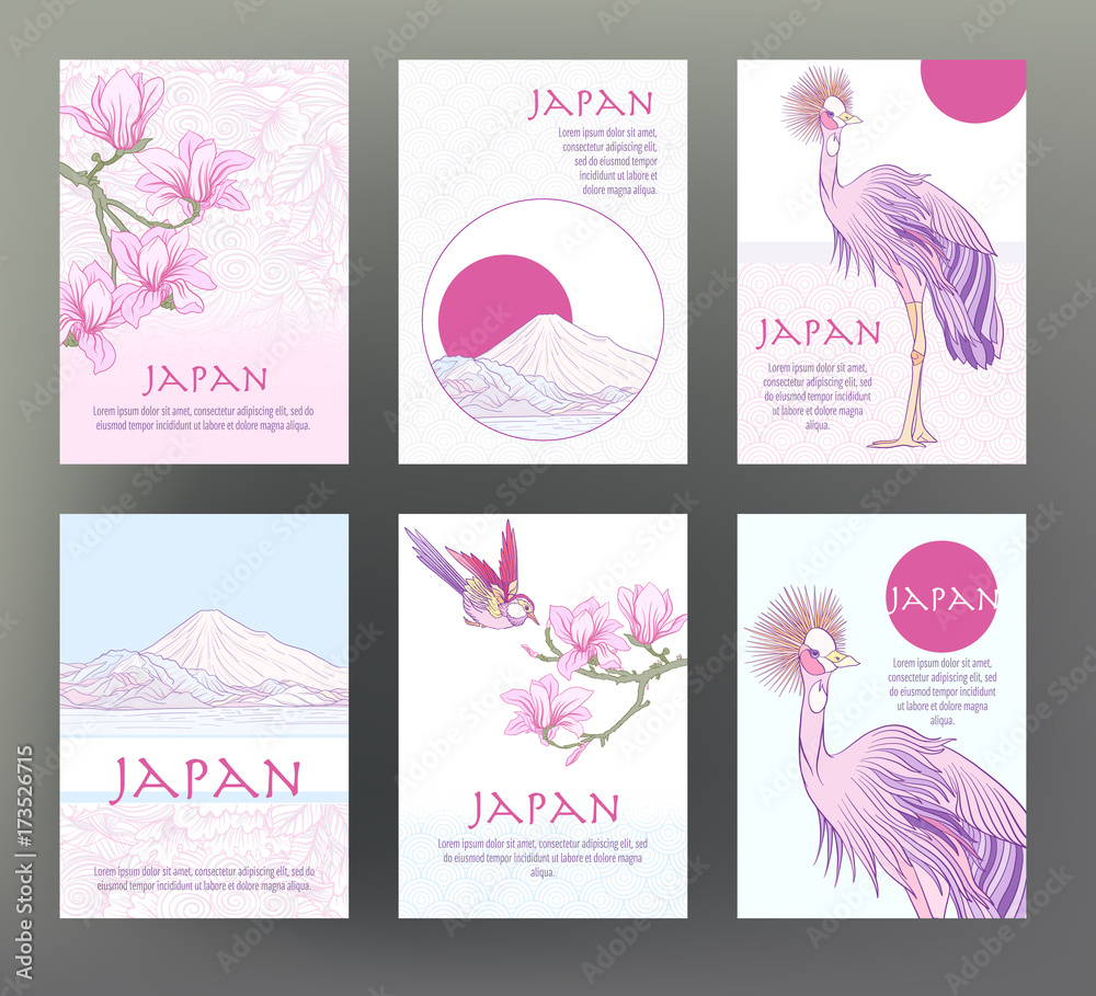 Fototapeta premium Set of 6 cards or banners with Japanese tradition symbols, flowe