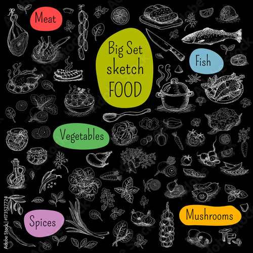 Big set of hand drawn food.
