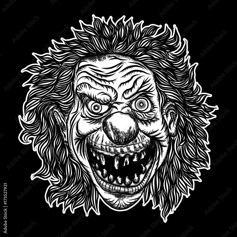 Halloween devil scary clown front head. Smiling clown monster with big eyes and wide angry smile. Blackwork adult tattoo flash line style and poster, print, t-shirt concept design. Vector. Halloween devil scary clown front head. Smiling clown monster with big eyes and wide angry smile. Blackwork adult tattoo flash line style and poster, print, t-shirt concept design. Vector.