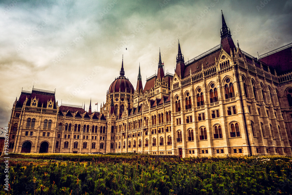 Winter over the famous Parliament of Hungary in Budapest