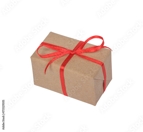 present box from brown papaer with red ribbon bow, isolated on white background