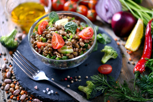 Lentil salad with veggies, healthy food, vegetarian and vegan snack, clean eating, diet