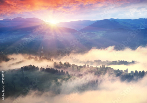 Dawn over the village of Verkhovyna