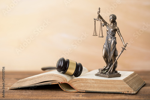 Themis statue on open book and gavel next to it
