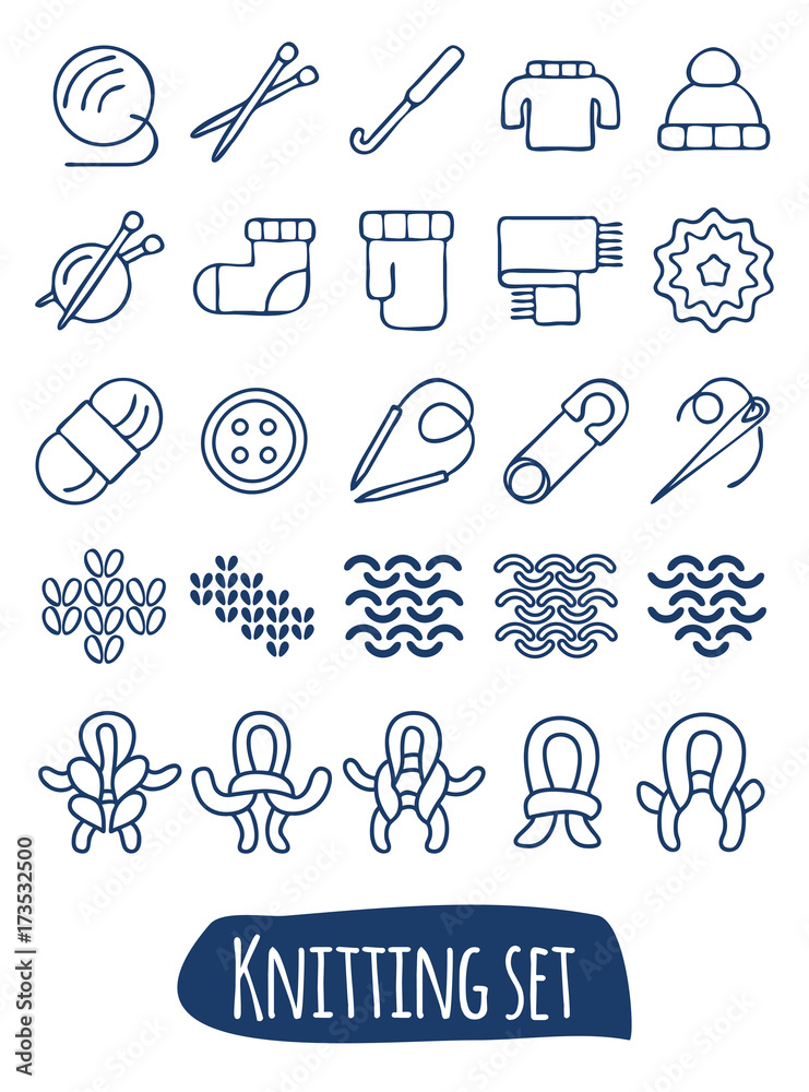 Knitting and needlework linear icon set