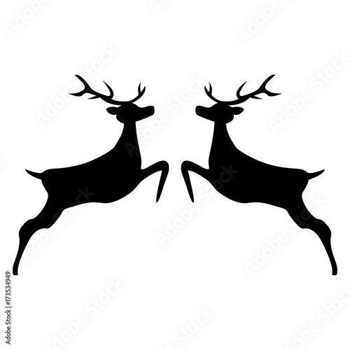 Two reindeer jumping together on a white background