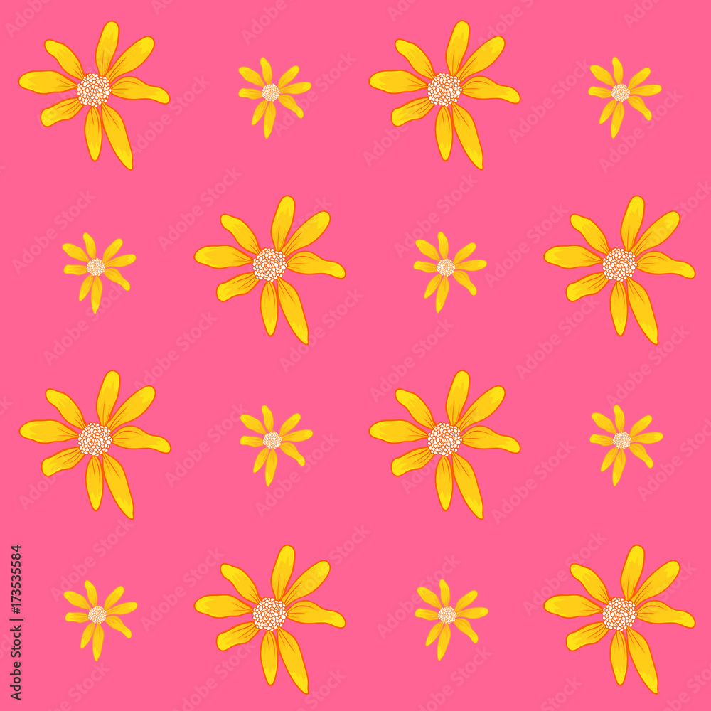 Seamless vector pattern with spring yellow flowers on pink background. Ditsy floral background.