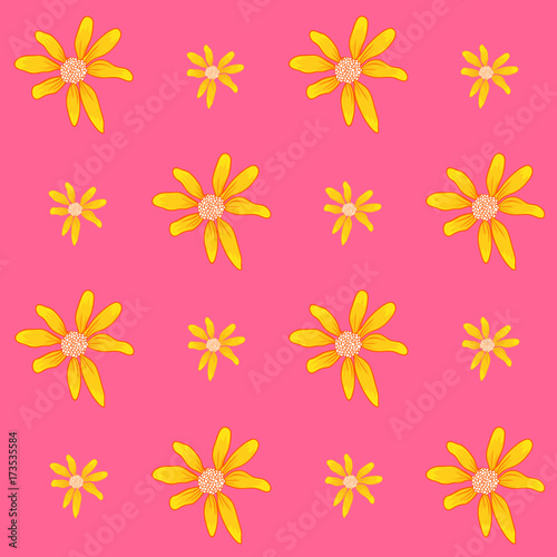 Seamless vector pattern with spring yellow flowers on pink background. Ditsy floral background. © lisannart