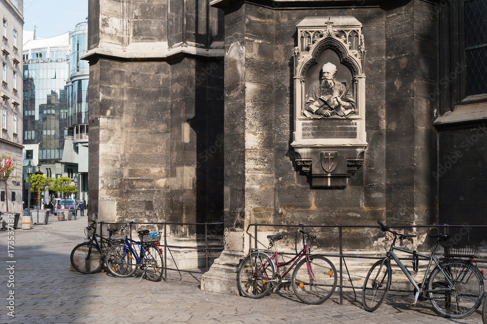 Vienna Cityscape. Bicycles parked near St. Stephen's Cathedral on Stephansplatz. Austria