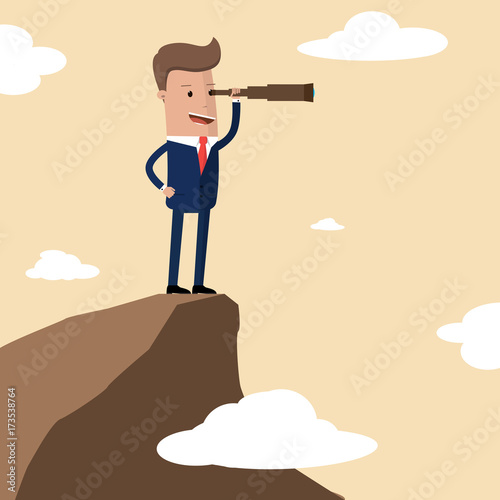 Businessman stand on cliff edge mountain using telescope looking for success, opportunities, future business trends. Vision concept. Vector Illustration