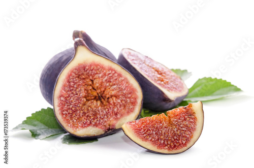 fruits of Fig tree ( whole and part) with leaves isolated on white
