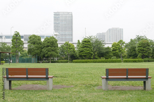 Two wooden benches and grass floor in public park