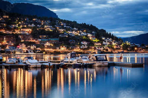Stedje city in Norway at night with fjords