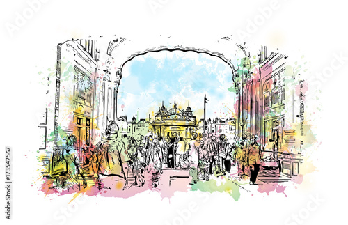 Watercolor sketch of Golden Temple Amritsar Punjab, India in vector illustration.