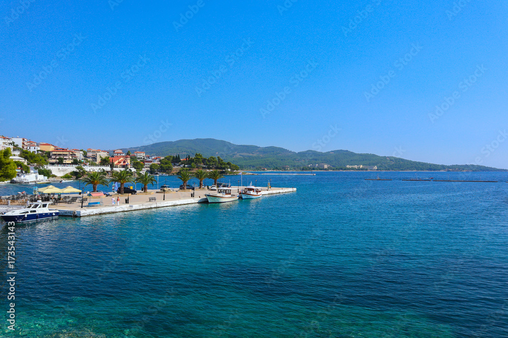 Greece, halkidiki, port marine, Mediterranean summer, Europe. Greek port, marine bay, landscape.