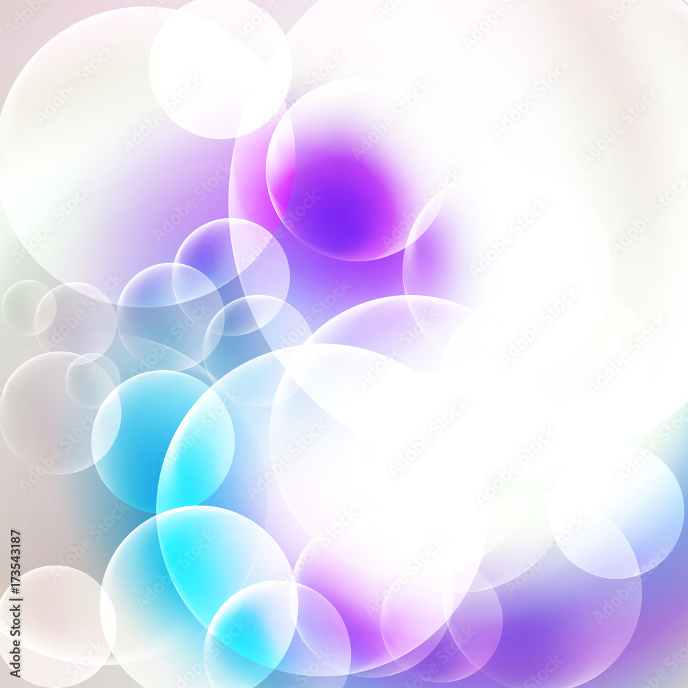 Abstract White and Cyan Bubbles Background. Shining overlaping transparent circles background.