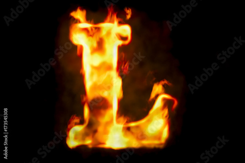 Fire letter L of burning flame light, 3D rendering