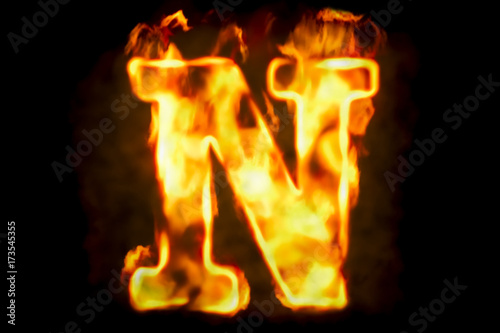 Fire letter N of burning flame light, 3D rendering