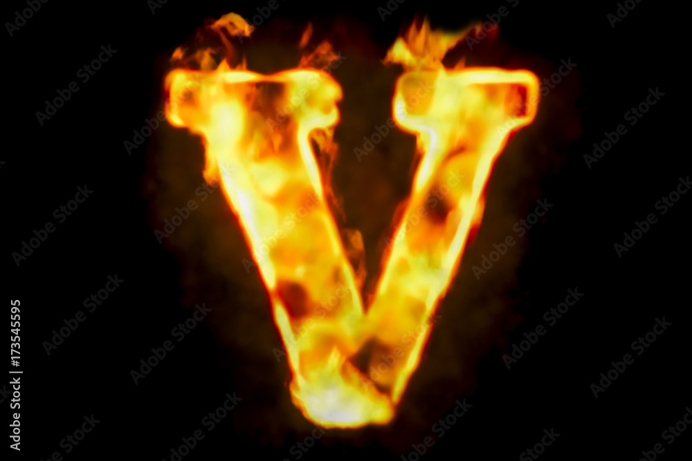 Fototapeta premium Fire letter V of burning flame light, 3D rendering