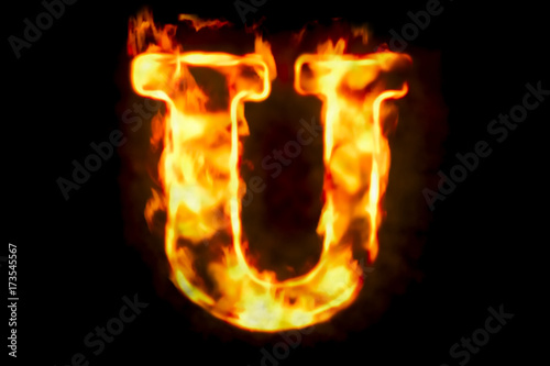 Fire letter U of burning flame light, 3D rendering
