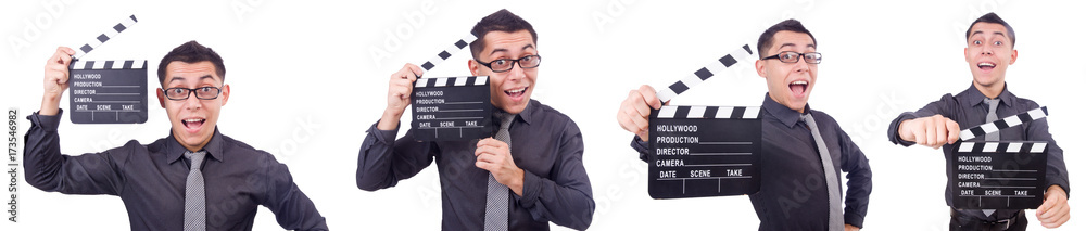 Funny man with movie clapper Funny man with movie clapper
