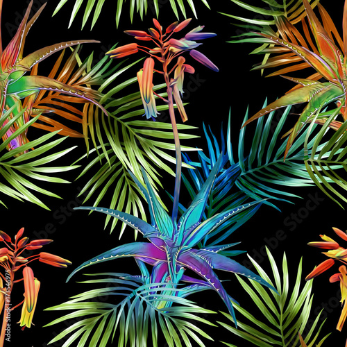 Tropical seamless pattern. Watercolor illustration. Hand painted background.
