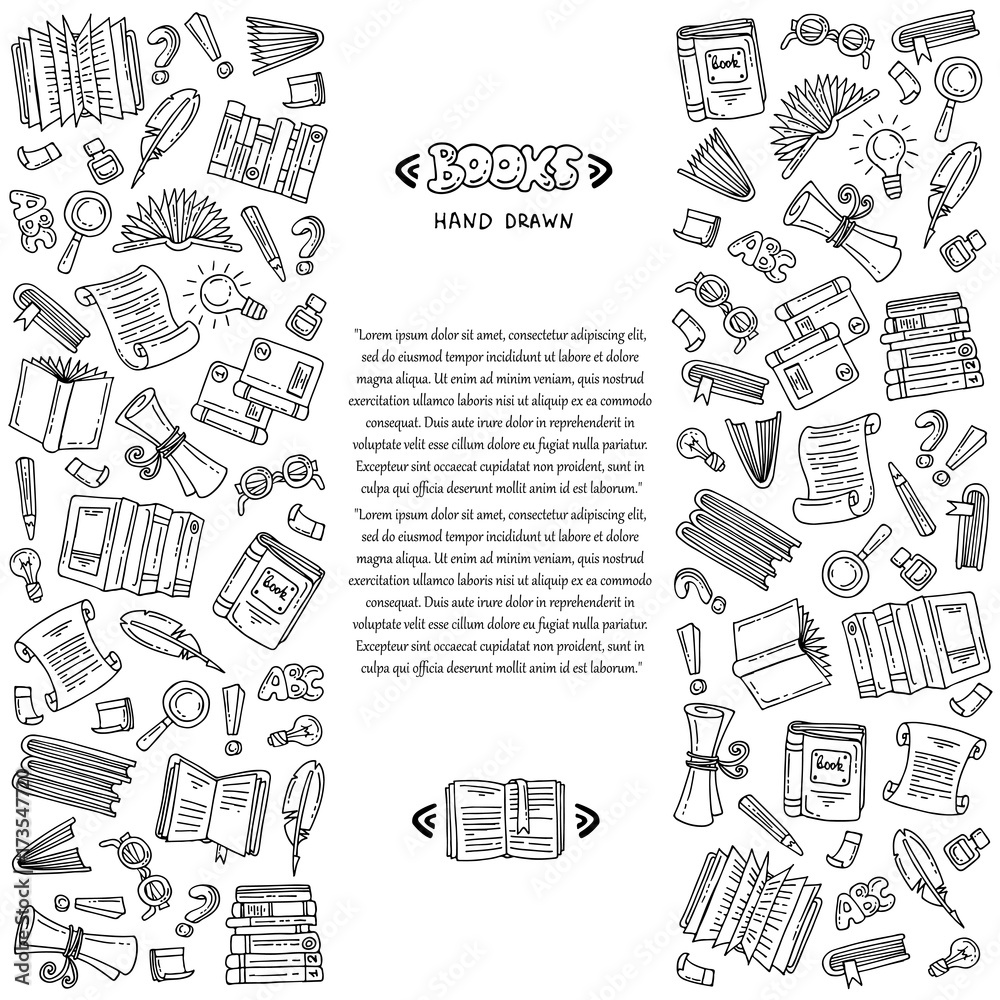 Vector cover with hand drawn books on white color. Illustration on the theme of education