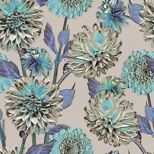 Dahlias seamless pattern. Artistic background. Hand drawn Illustration.