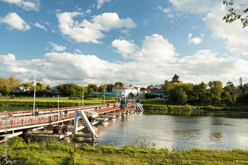 Beautiful Landscape: Bobrenevsky Floating Bridge With Pedestrian People On Moskva River Sunny Day In Kolomna, Moscow Region. photo