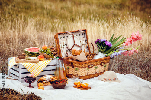 Picnic set with fruit, cheese, toast, honey, wine with a wicker basket on bedspread. Beautiful summer background with food and drink on nature