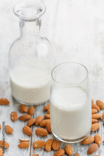 Drinking glass and bottle of Almond milk