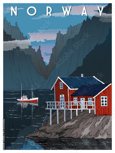 Old houses on the shore of the fjord, Lofoten islands, Norway. Handmade drawing vector illustration. Vintage style.
