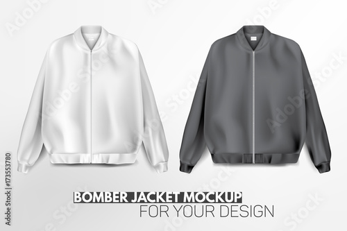 Beautiful, realistic, modern bomber jacket mockup for your design. Balck and white colors. Jacket with zip (zipper). Vector illustration