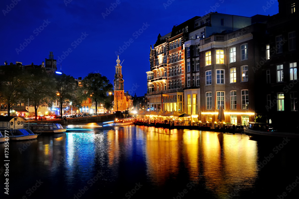 Amsterdam scenic view at night, Holland